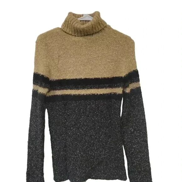 Y London Women's Tan/Black Striped Acrylic/Poly/Alpaca Turtleneck Sweater - Picture 1 of 7